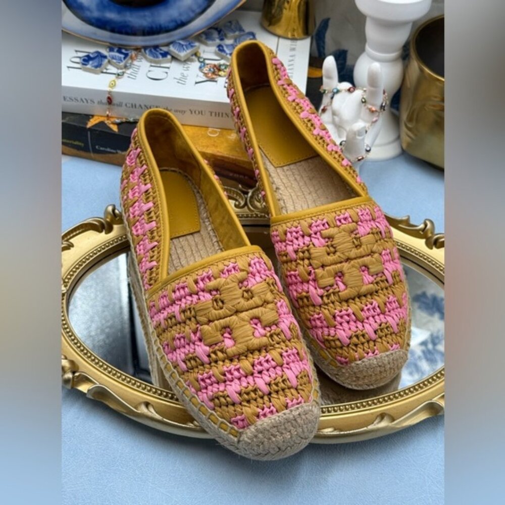 🆕 TORY BURCH 🧿 NWOB Eleanor Crochet Woven Espadrilles, Pink Carnation - Sz 7